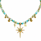Celestial Tide – Turquoise-Tone Beaded Necklace with Gold-Tone Starburst Pendant