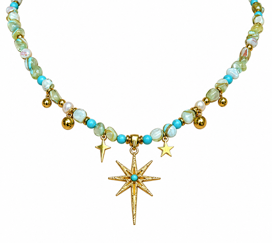 Celestial Tide – Turquoise-Tone Beaded Necklace with Gold-Tone Starburst Pendant